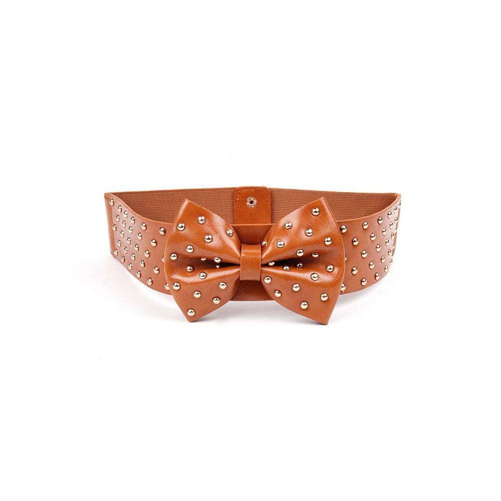 Odette Tan Coloured Bow Patterned Studded Belt