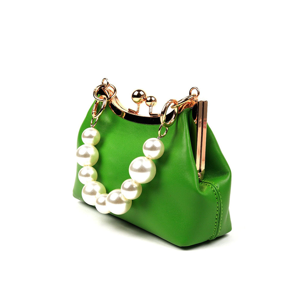 Odette Solid Green Pearl Studded Clutch