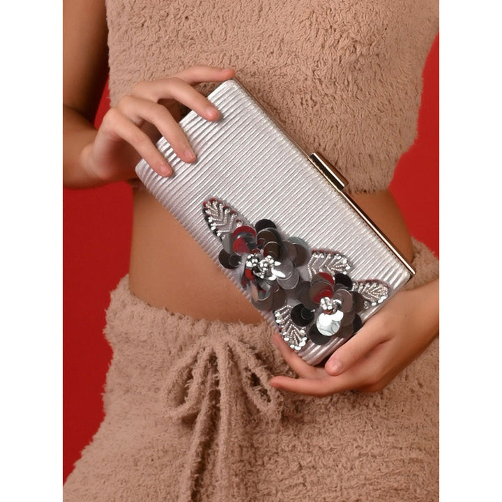 Odette Flower Embellished Silver Clutch