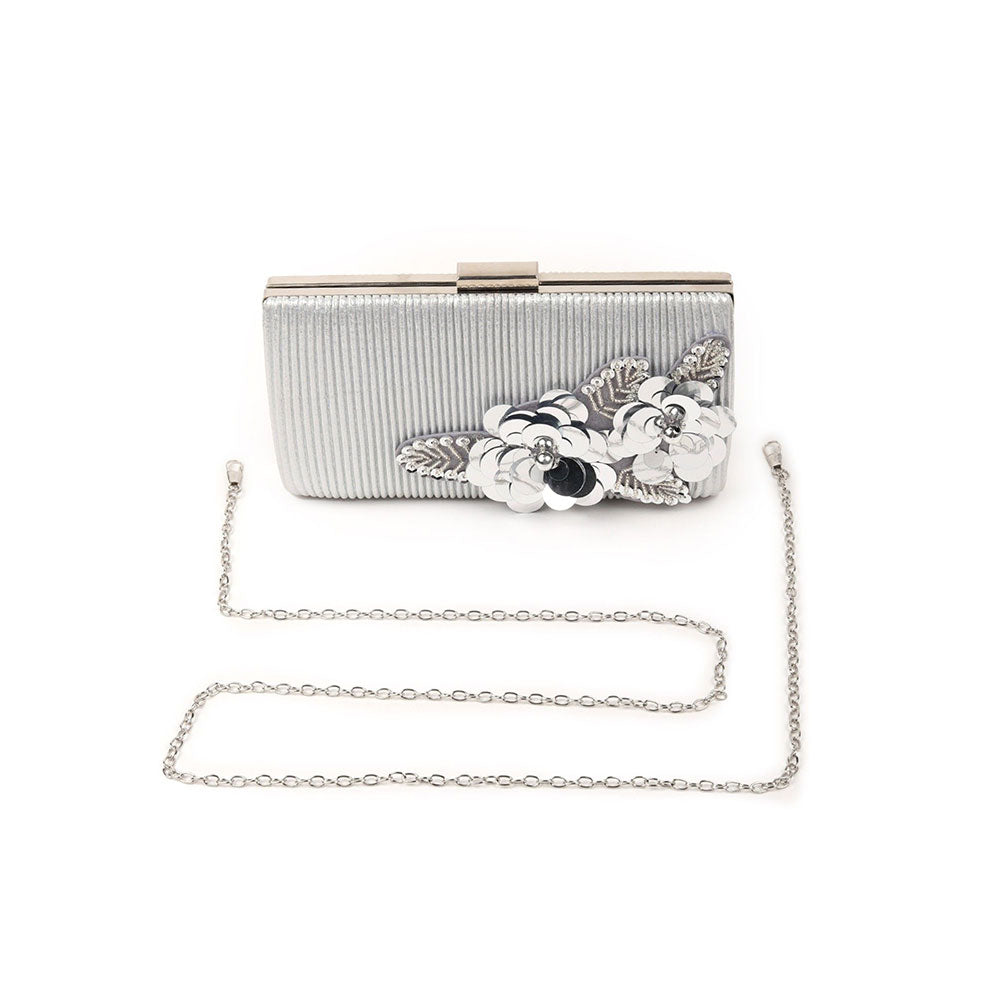 Odette Flower Embellished Silver Clutch