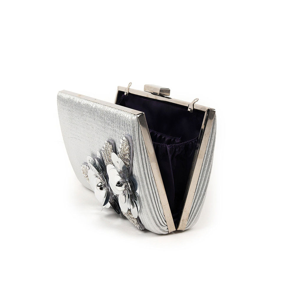 Odette Flower Embellished Silver Clutch