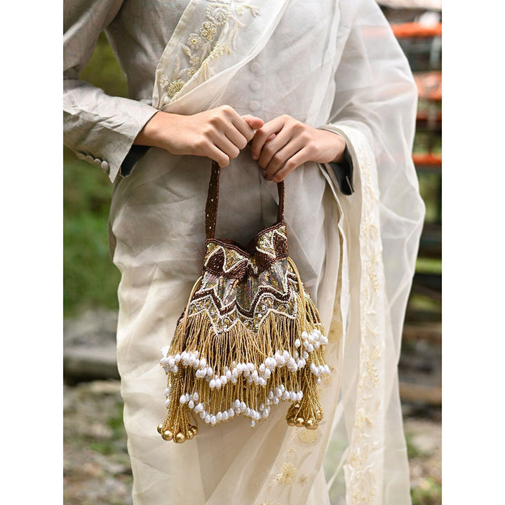 Odette Brown and Gold Tassel Potli Bag