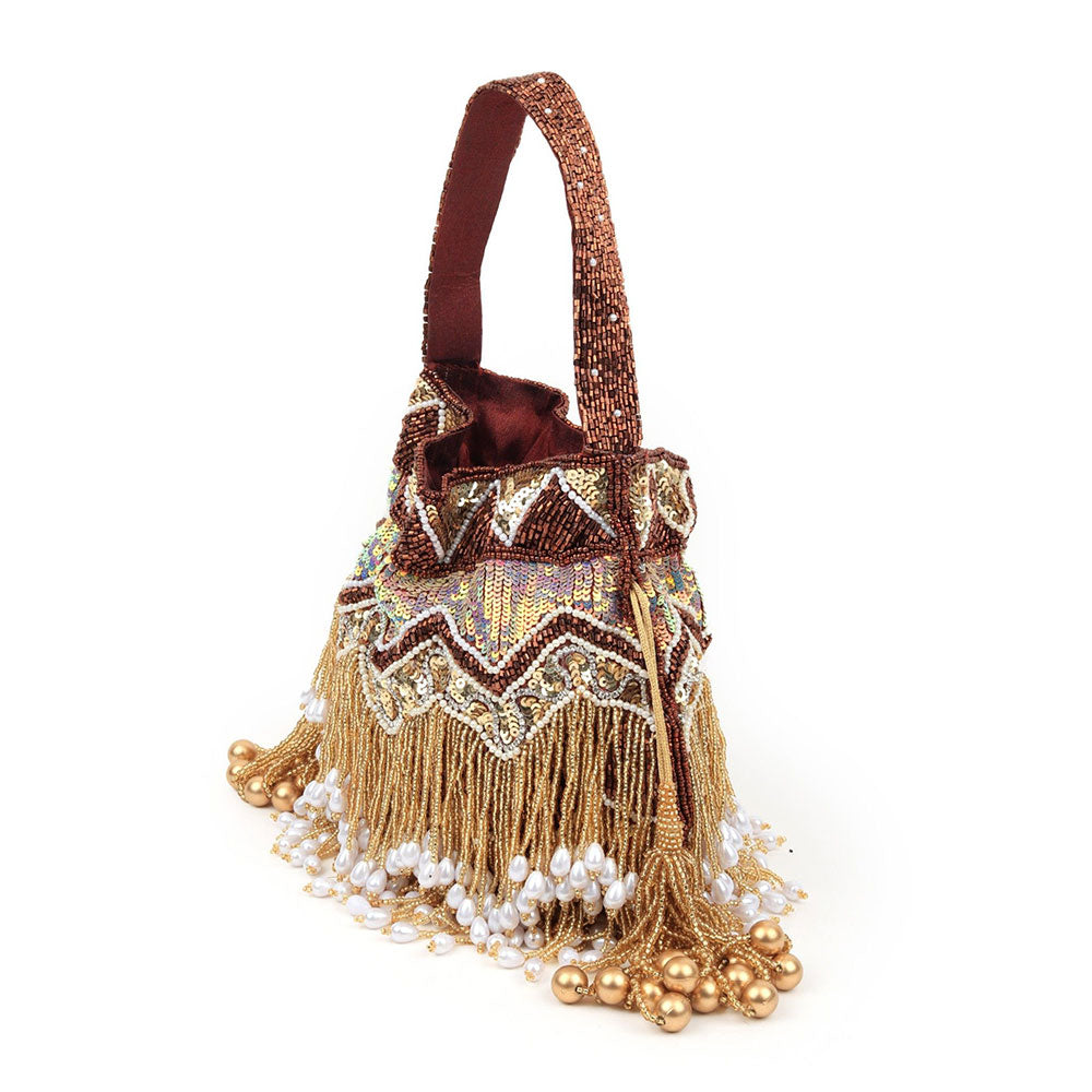 Odette Brown and Gold Tassel Potli Bag