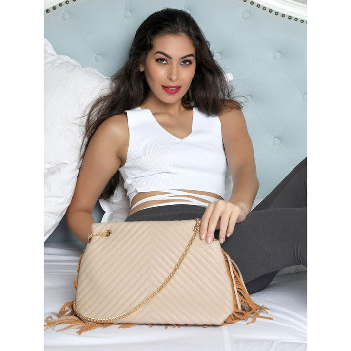 Odette Awe-Worthy Tasseled Beige Hand Bag