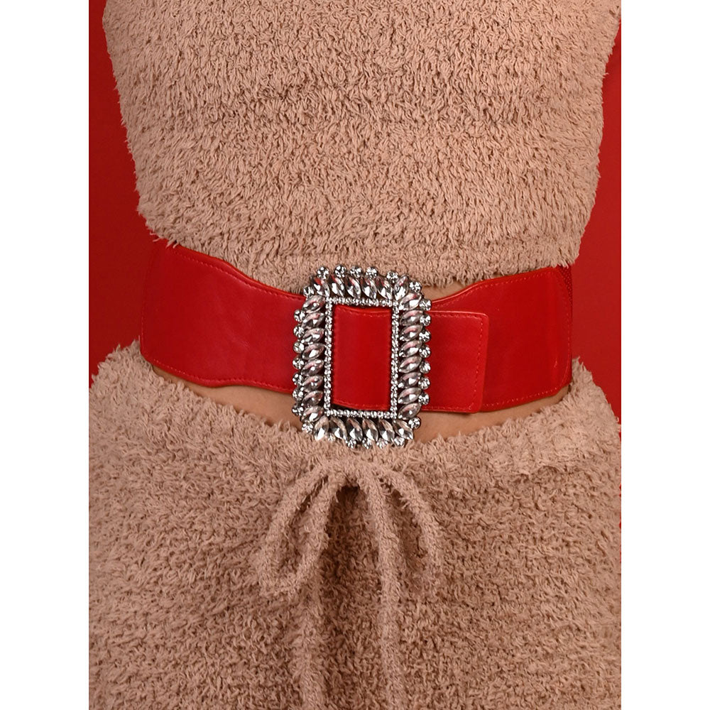 Odette Hi-Fashion Red Broad Elastane Embellished Belt