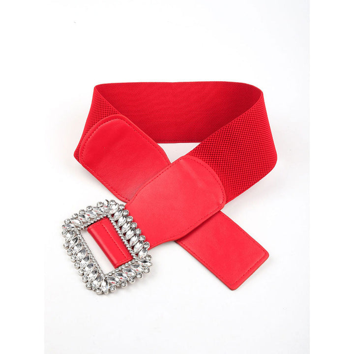 Odette Hi-Fashion Red Broad Elastane Embellished Belt