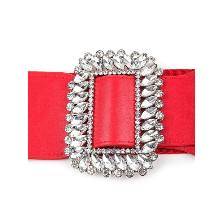 Odette Hi-Fashion Red Broad Elastane Embellished Belt