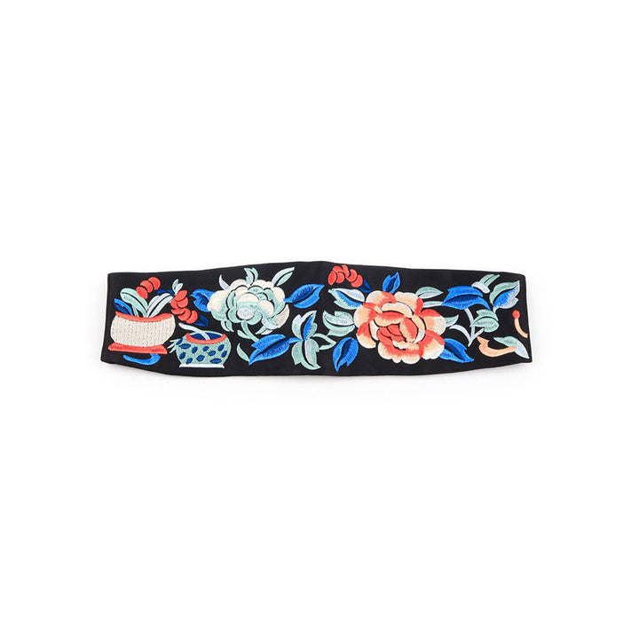 Odette Black Elastane Belt with Embroidery