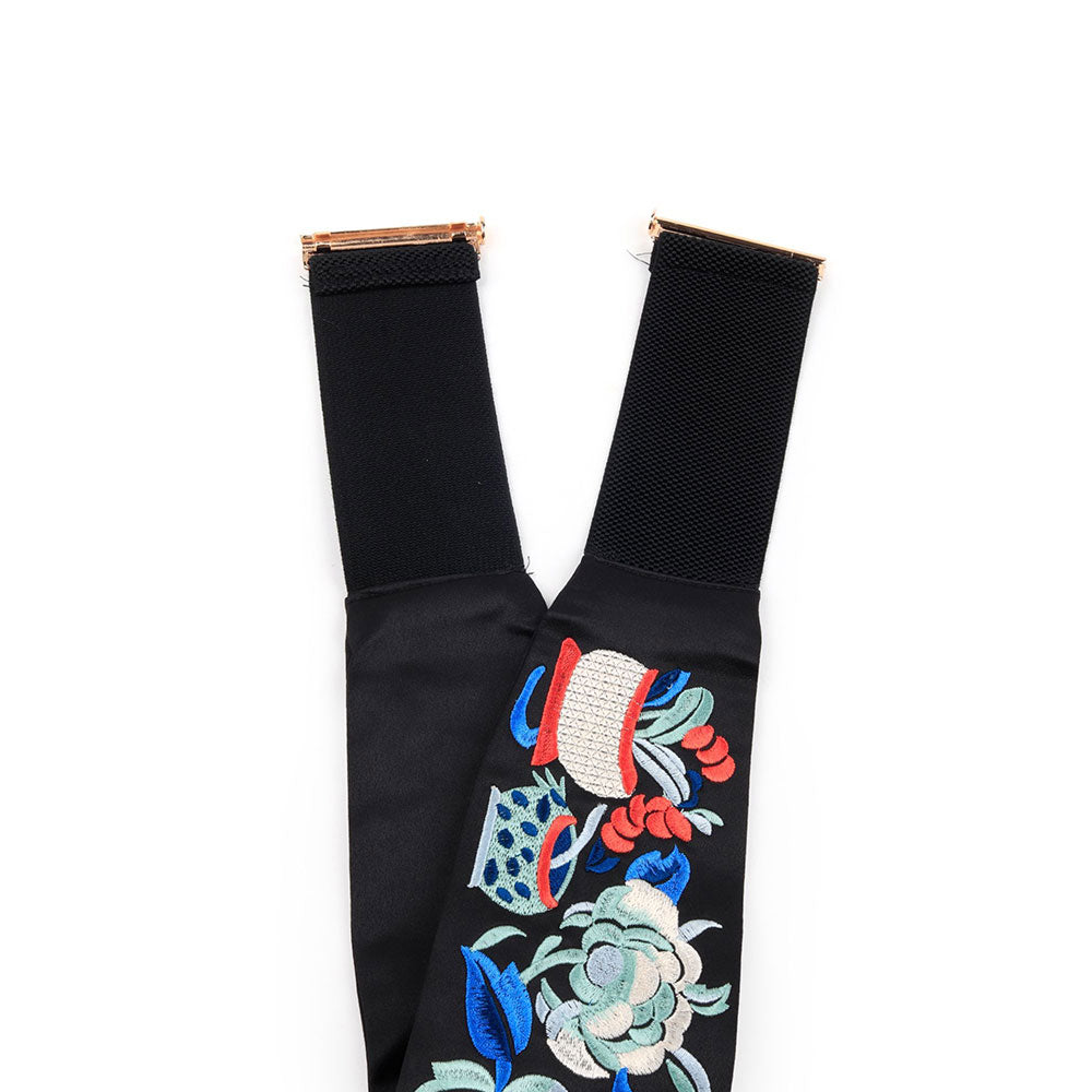 Odette Black Elastane Belt with Embroidery