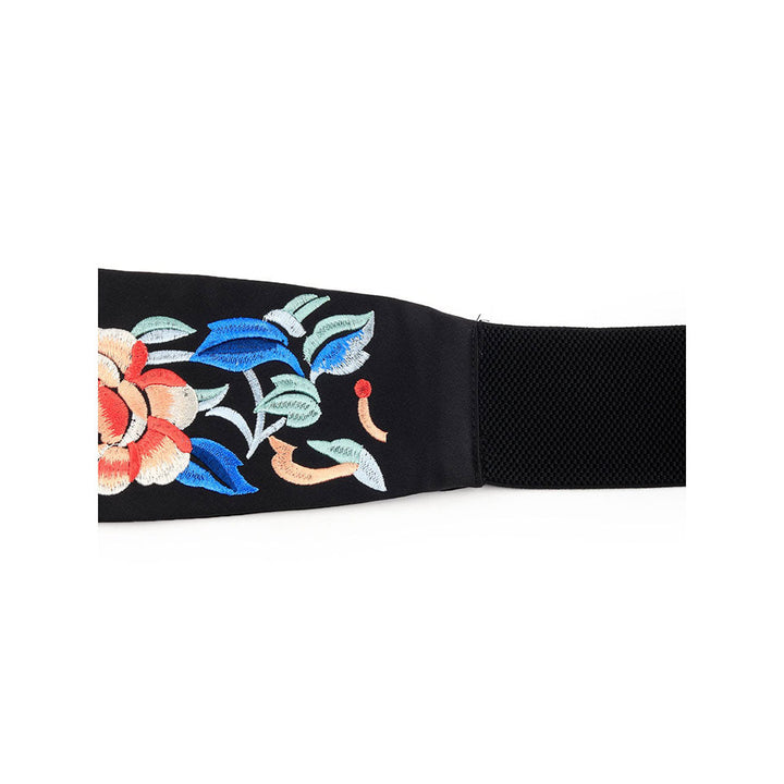 Odette Black Elastane Belt with Embroidery