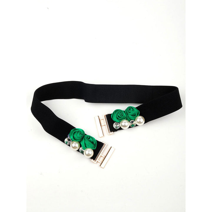 Odette Black Elastane Belt with Green Florets