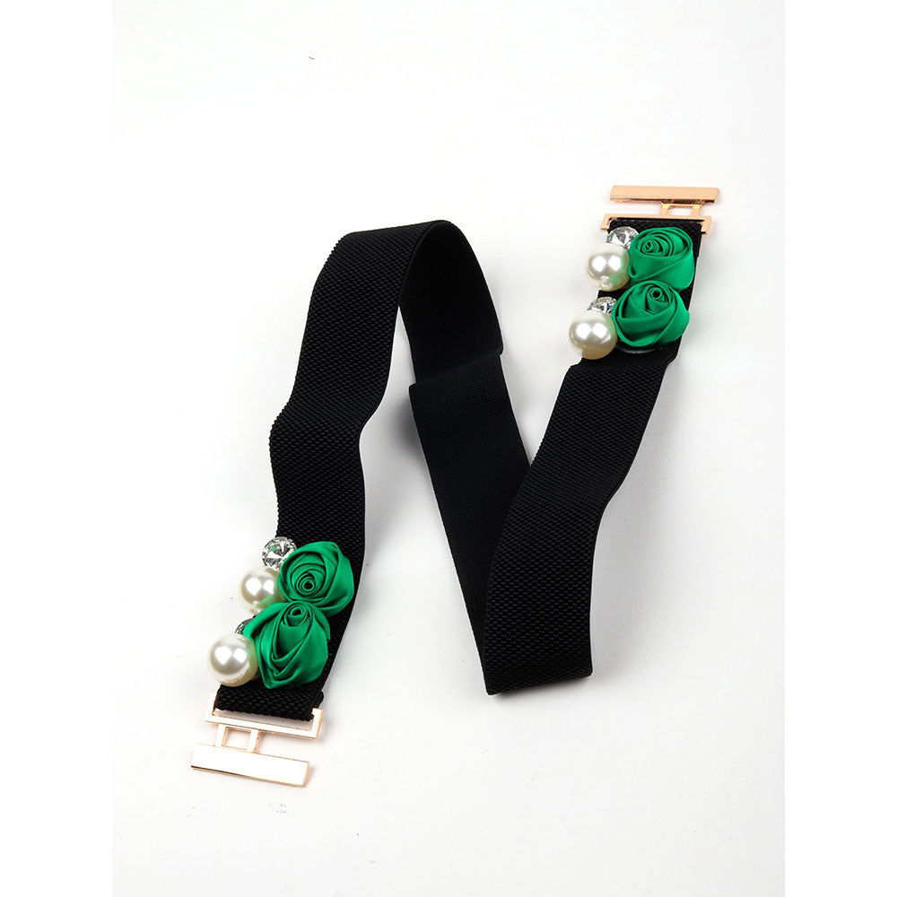 Odette Black Elastane Belt with Green Florets