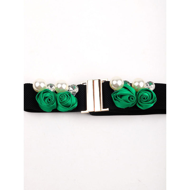 Odette Black Elastane Belt with Green Florets