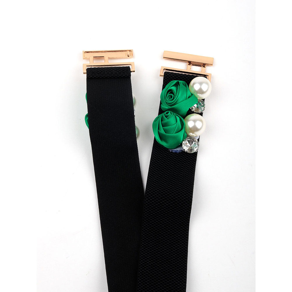 Odette Black Elastane Belt with Green Florets