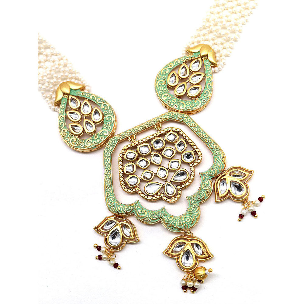 Odette Lovely Classical Semiprecious Kundan andAmp; Pearl Green Necklace with Earrings!