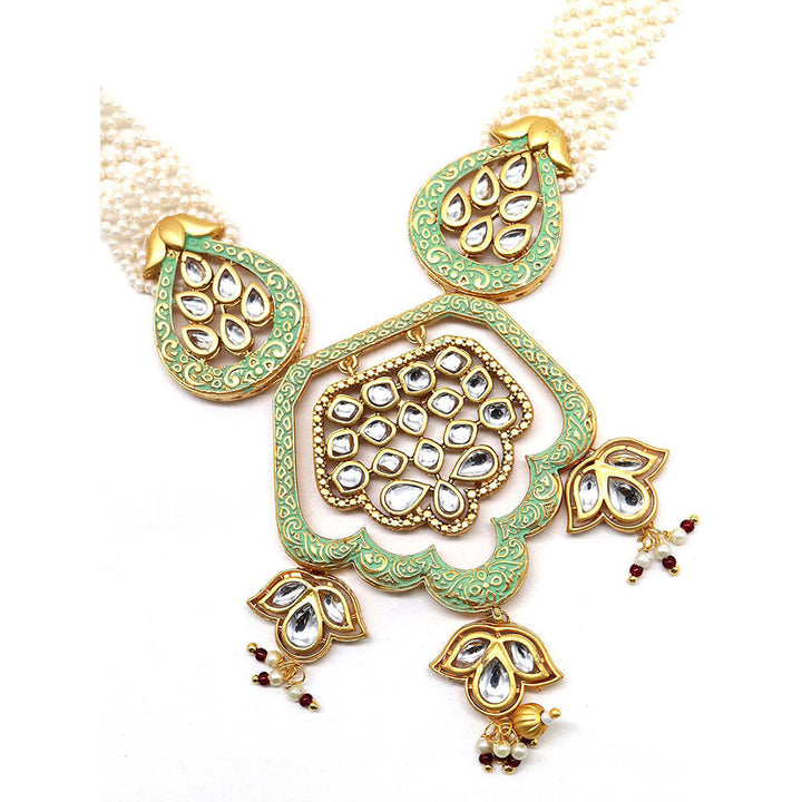 Odette Lovely Classical Semiprecious Kundan andAmp; Pearl Green Necklace with Earrings!