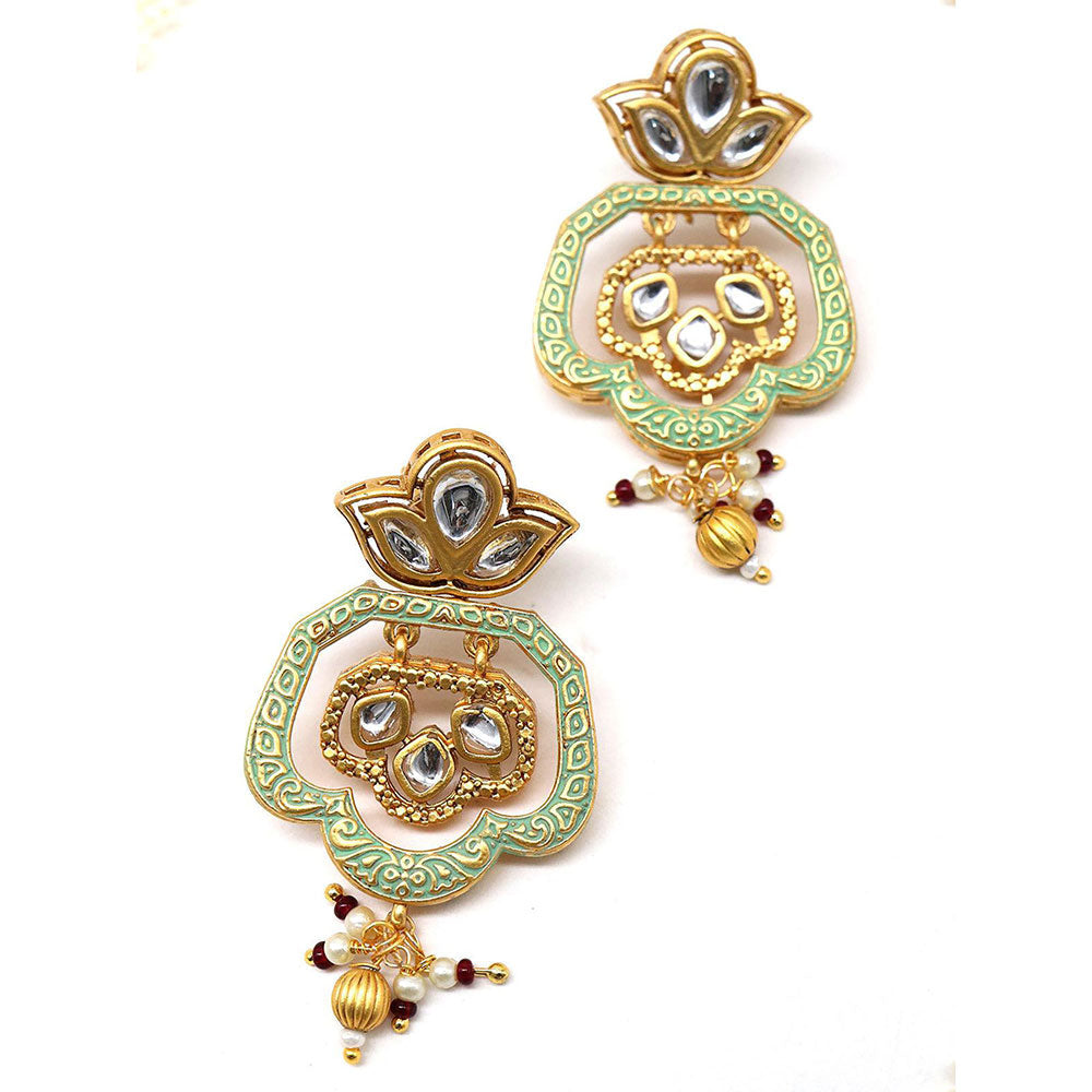 Odette Lovely Classical Semiprecious Kundan andAmp; Pearl Green Necklace with Earrings!