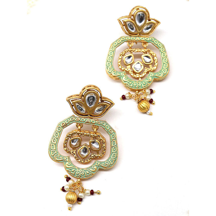 Odette Lovely Classical Semiprecious Kundan andAmp; Pearl Green Necklace with Earrings!