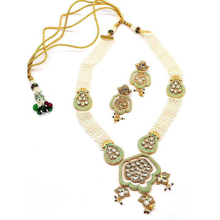 Odette Lovely Classical Semiprecious Kundan andAmp; Pearl Green Necklace with Earrings!