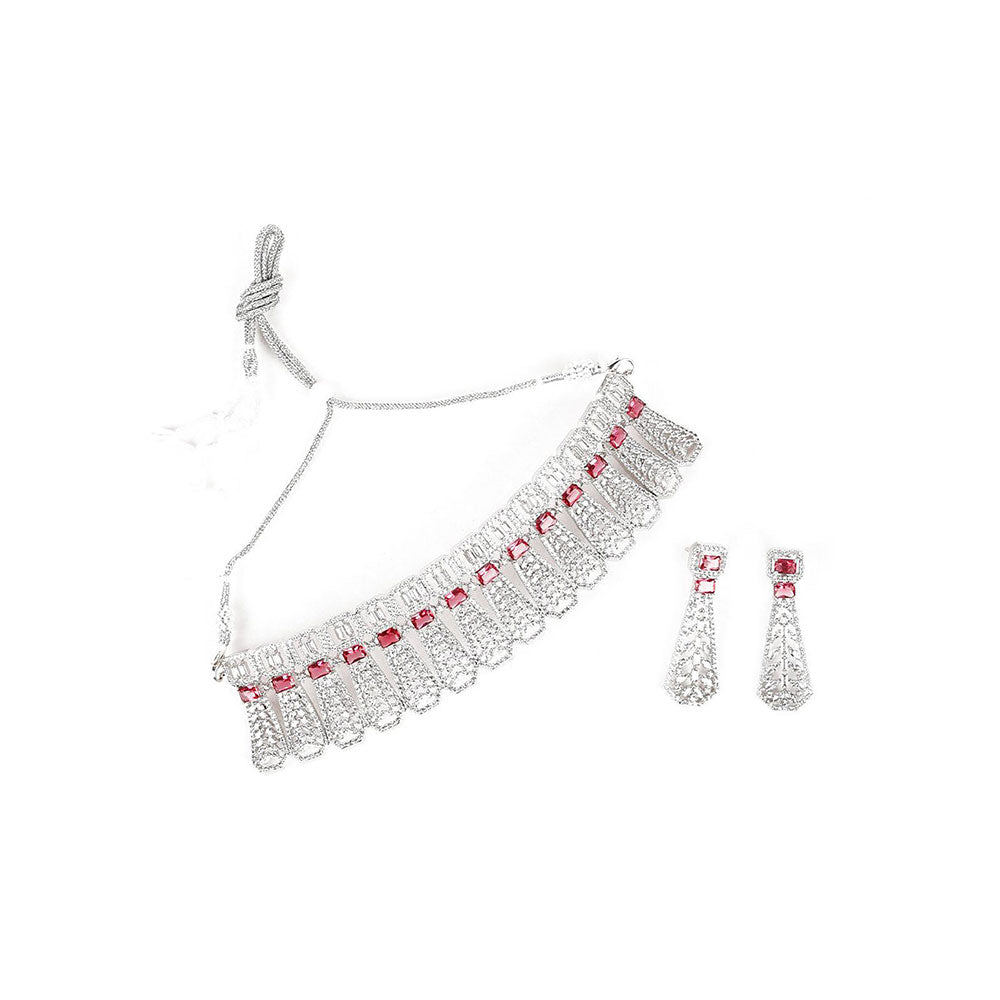 Odette Silver Tone Red Crystal Embellished Necklace Set.