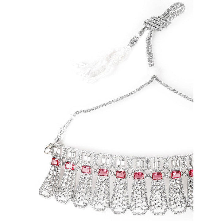 Odette Silver Tone Red Crystal Embellished Necklace Set.