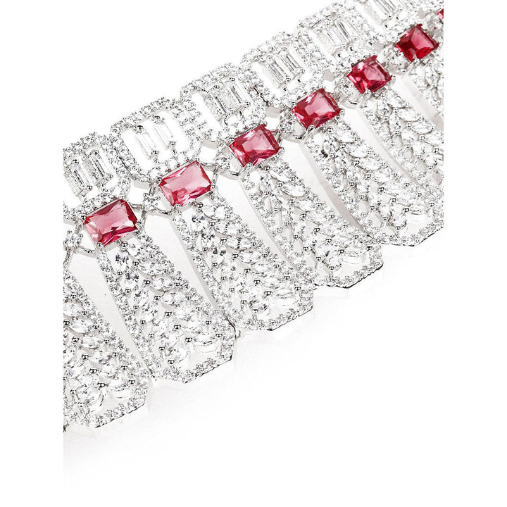 Odette Silver Tone Red Crystal Embellished Necklace Set.