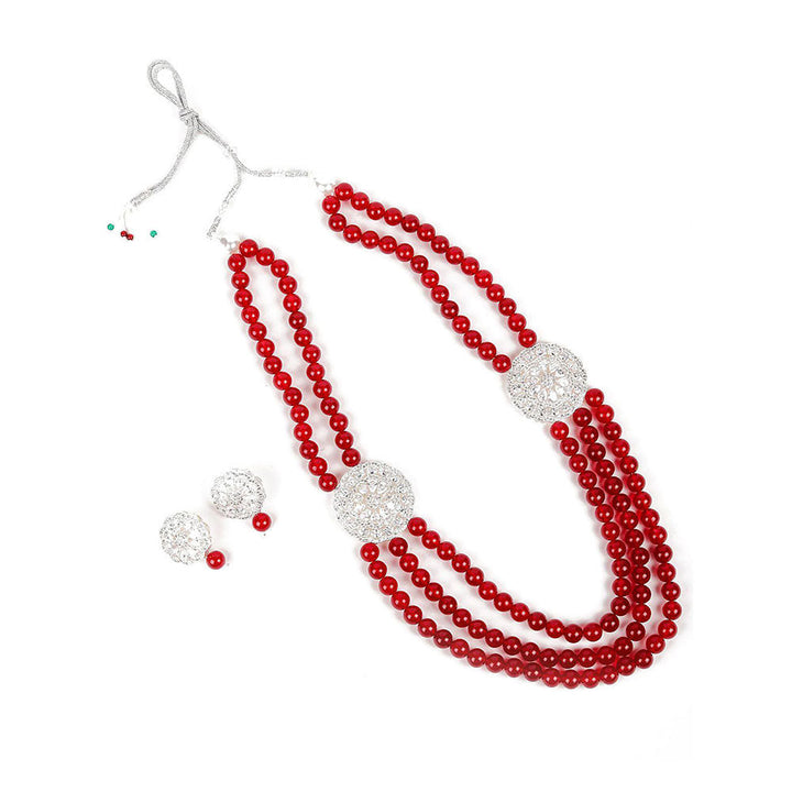 Odette Ruby Onyx Beads Loop Necklace Set with Silver Embellishments