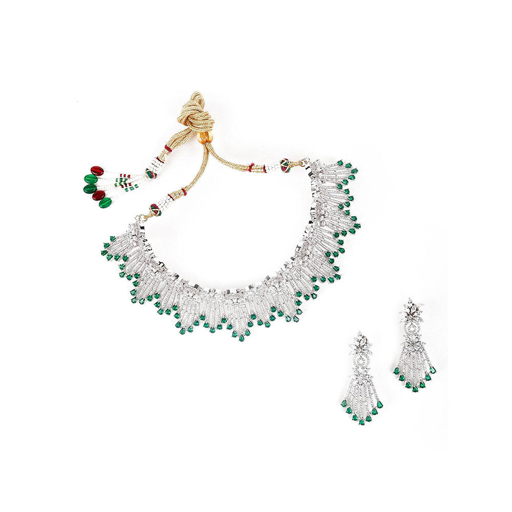 Odette Shinny Crystal and Emerald Embellished Necklace with Earrings