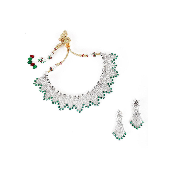 Odette Shinny Crystal and Emerald Embellished Necklace with Earrings