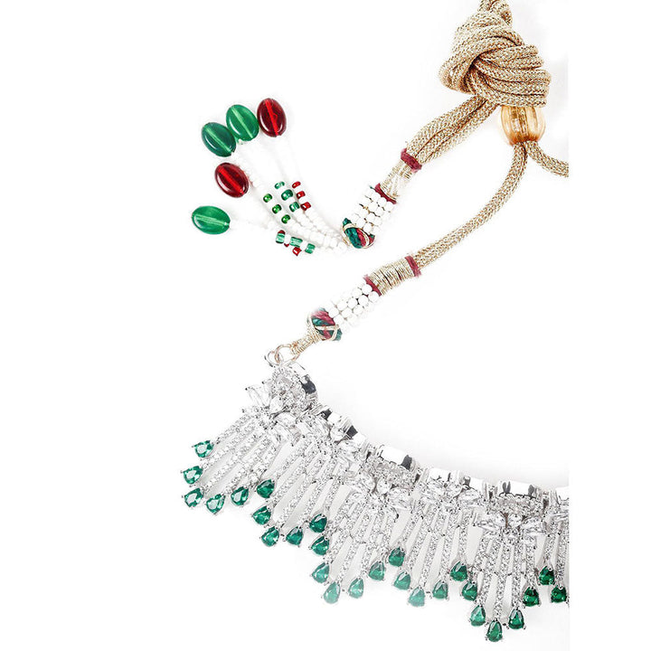 Odette Shinny Crystal and Emerald Embellished Necklace with Earrings