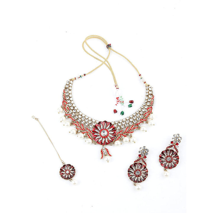 Odette Red and White Floral Kundan Choker Necklace Set