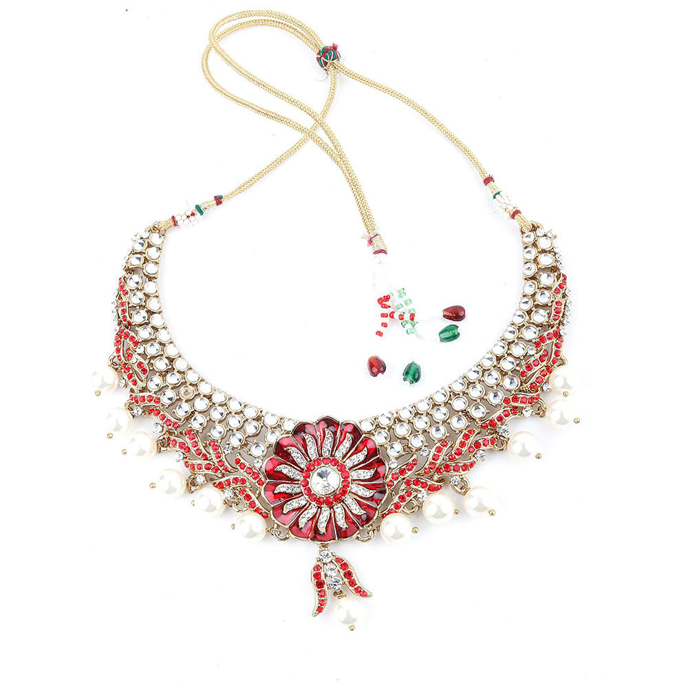 Odette Red and White Floral Kundan Choker Necklace Set