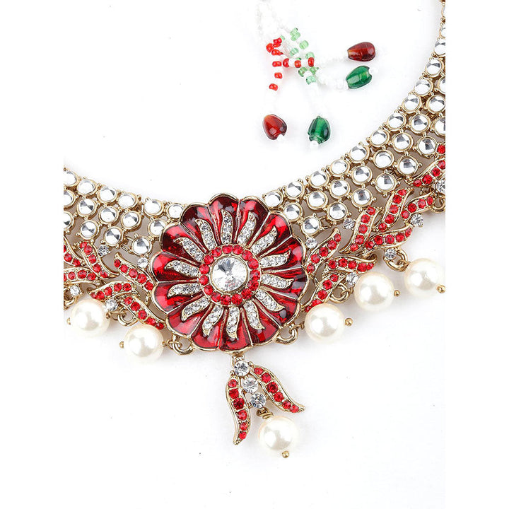 Odette Red and White Floral Kundan Choker Necklace Set