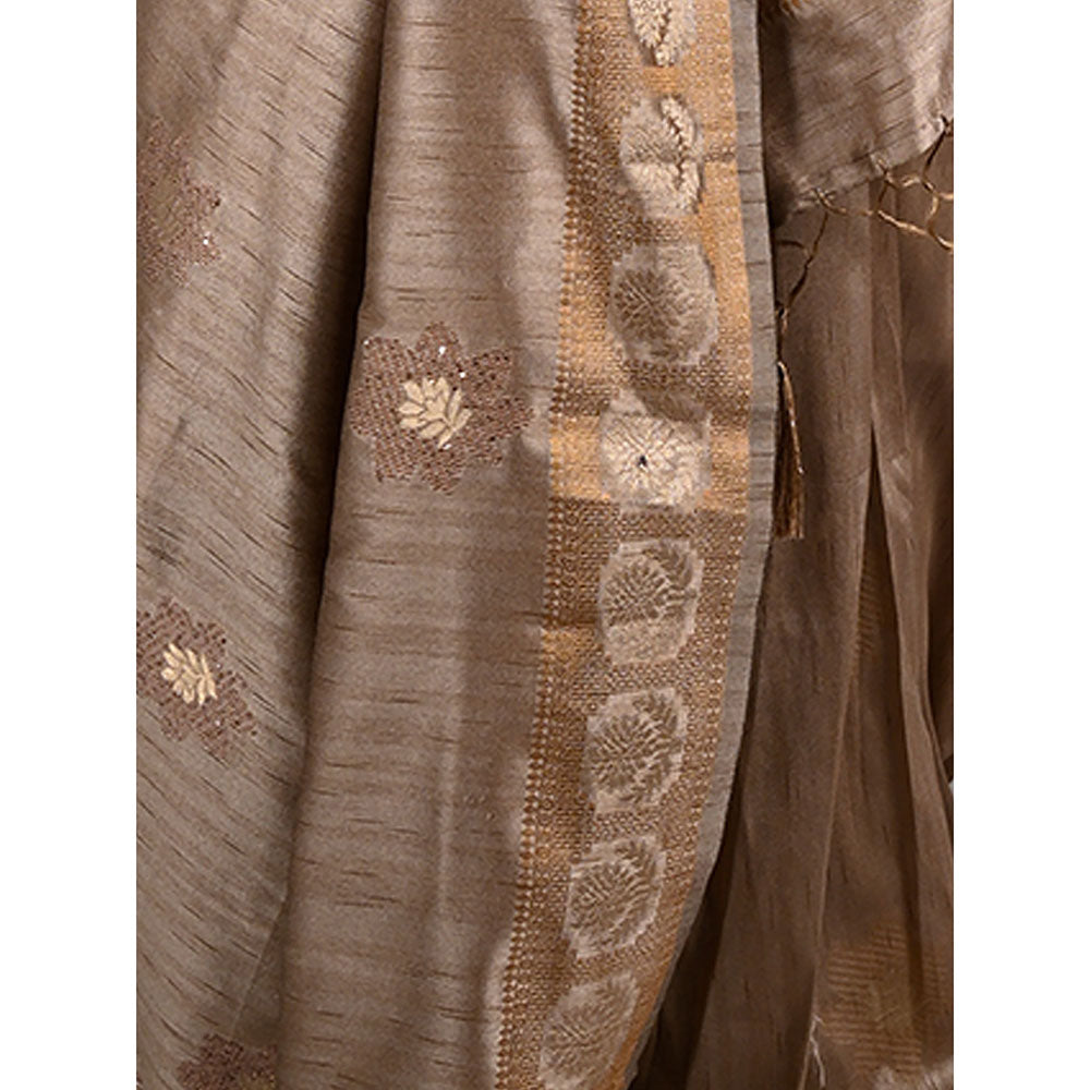 Odette Beige Silk Blend Woven Saree with Unstitched Blouse