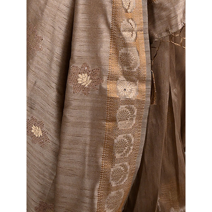 Odette Beige Silk Blend Woven Saree with Unstitched Blouse