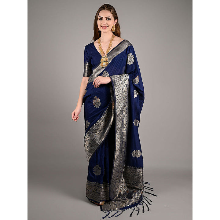 Odette Dark Blue Nylon Woven Saree with Unstitched Blouse