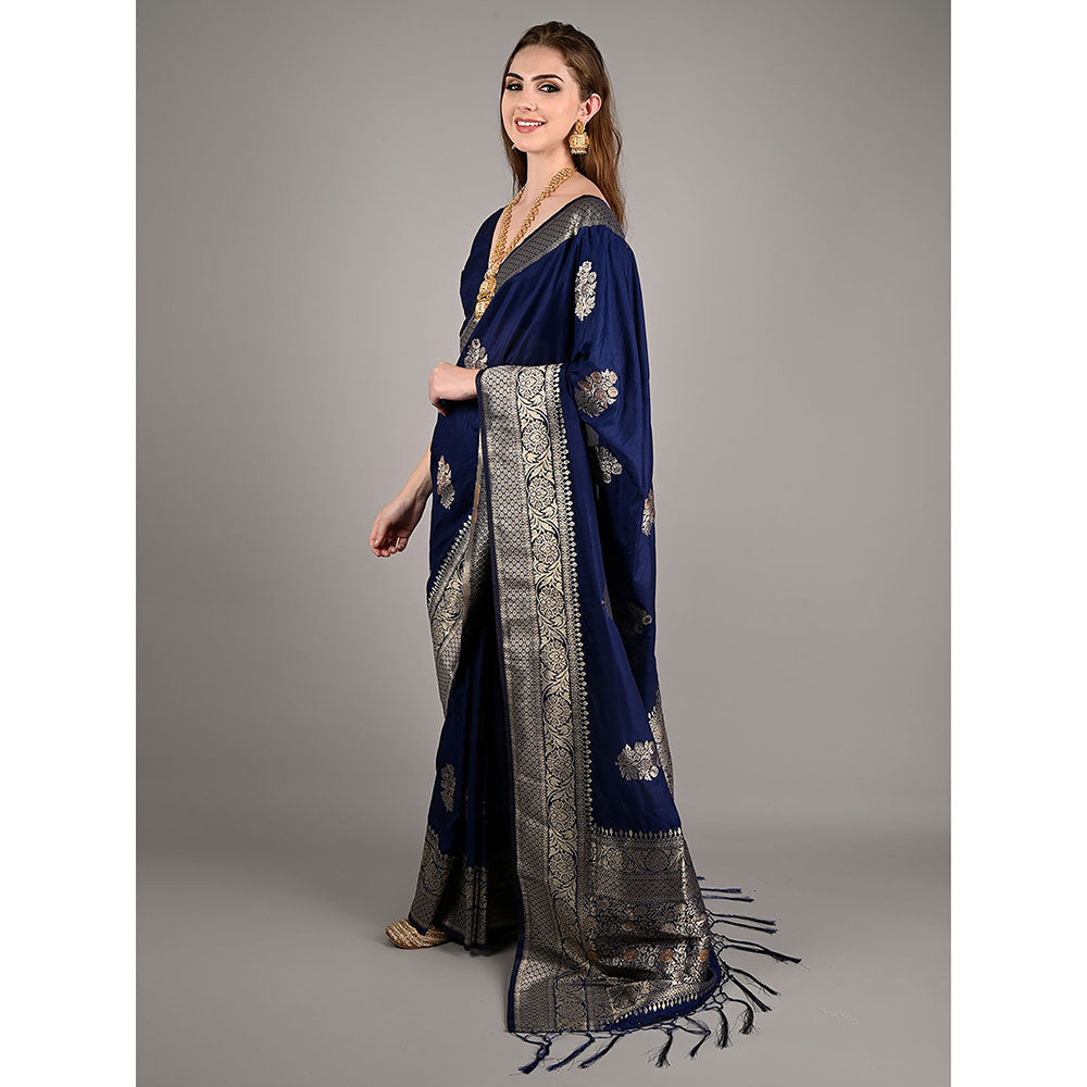 Odette Dark Blue Nylon Woven Saree with Unstitched Blouse