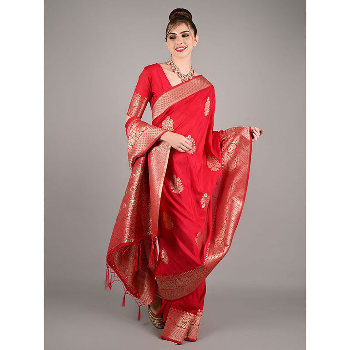 Odette Red Nylon Woven Saree with Unstitched Blouse