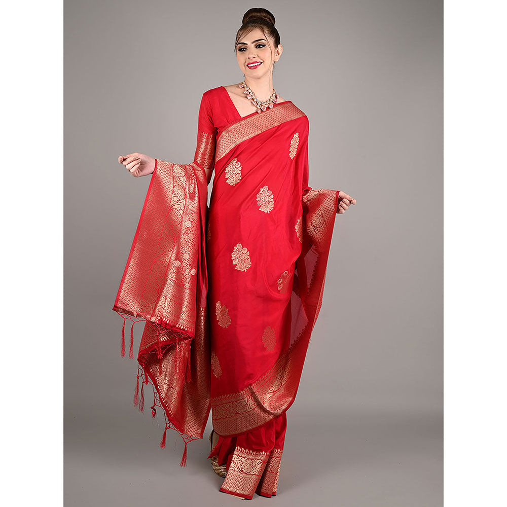 Odette Red Nylon Woven Saree with Unstitched Blouse