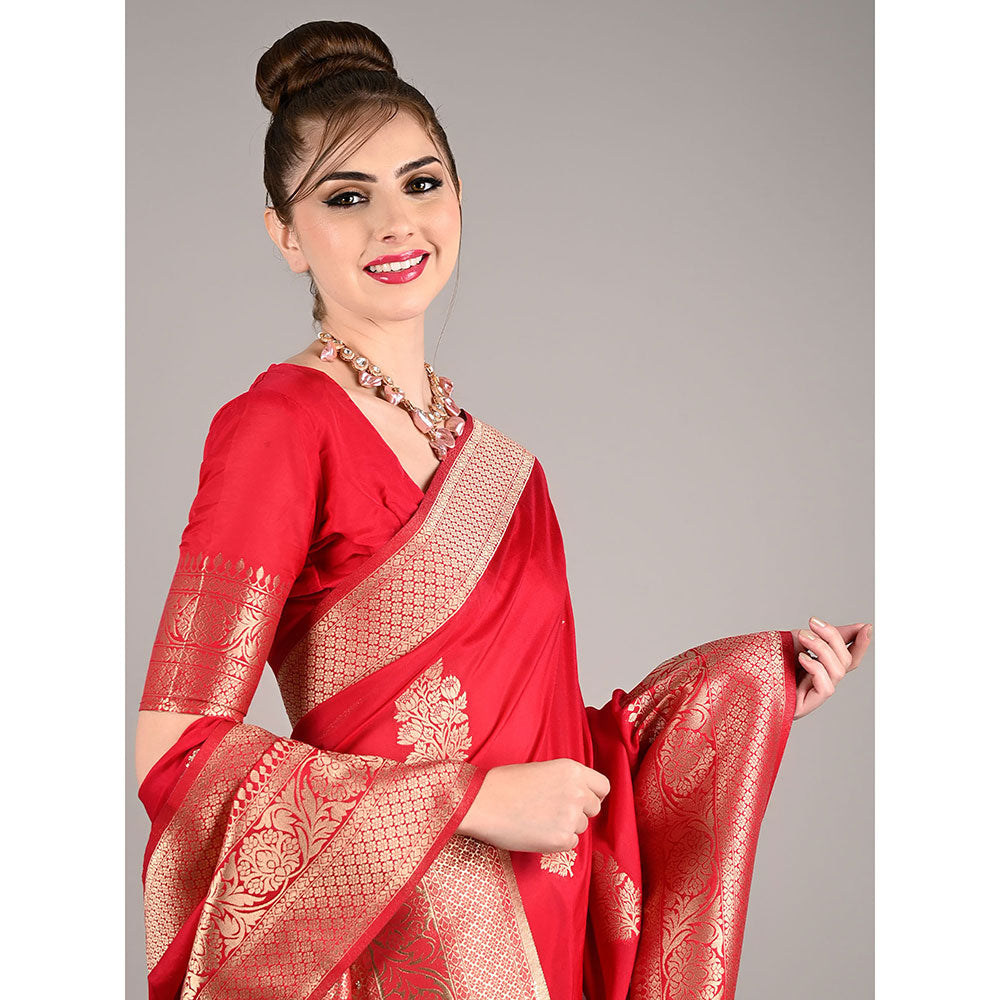 Odette Red Nylon Woven Saree with Unstitched Blouse