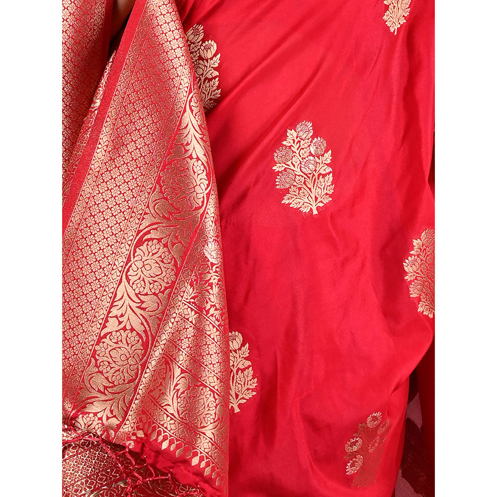 Odette Red Nylon Woven Saree with Unstitched Blouse