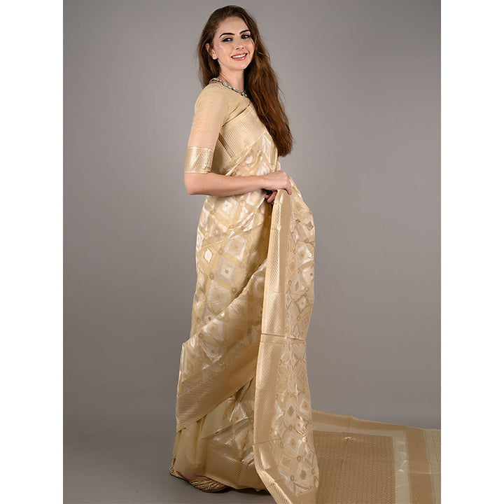 Odette Beige Linen Woven Saree with Unstitched Blouse