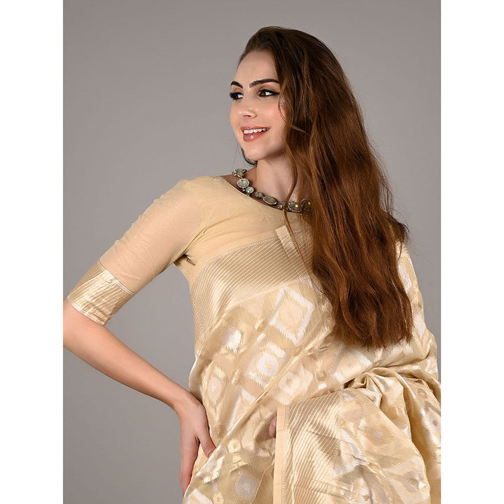 Odette Beige Linen Woven Saree with Unstitched Blouse