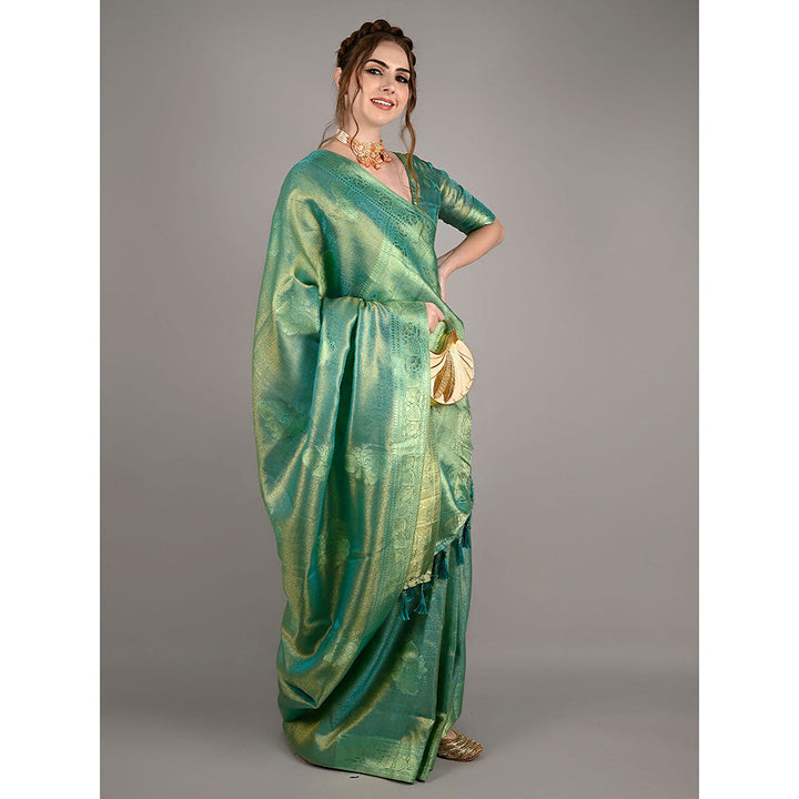 Odette Sea Green Satin Nylon Woven Saree with Unstitched Blouse