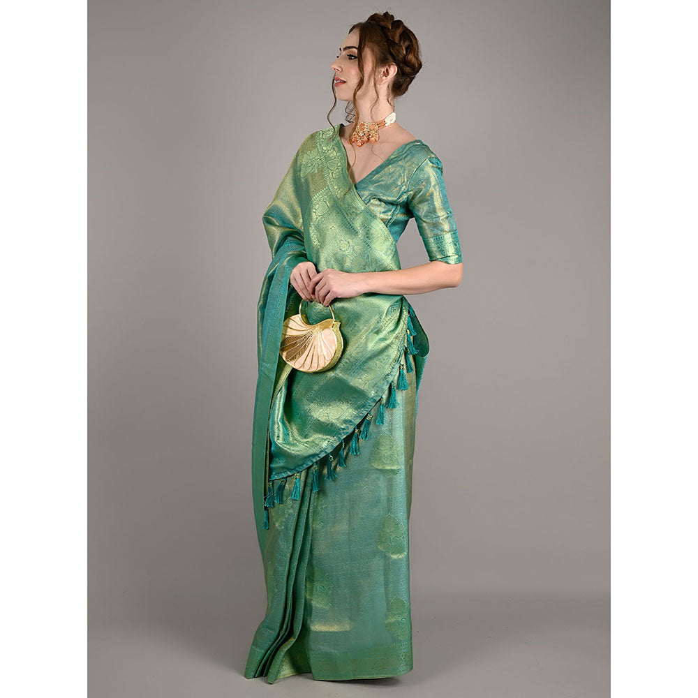 Odette Sea Green Satin Nylon Woven Saree with Unstitched Blouse