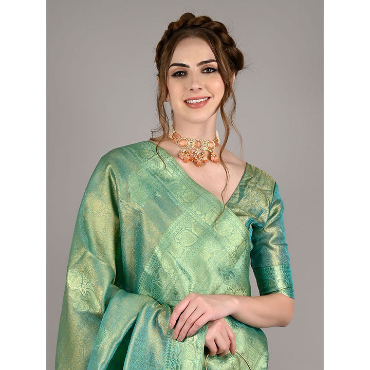 Odette Sea Green Satin Nylon Woven Saree with Unstitched Blouse