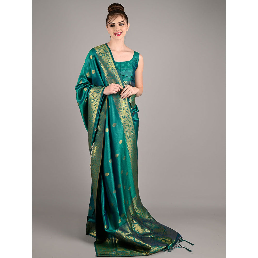 Odette Green Silk Woven Saree with Unstitched Blouse