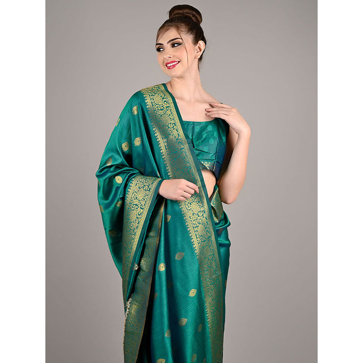 Odette Green Silk Woven Saree with Unstitched Blouse