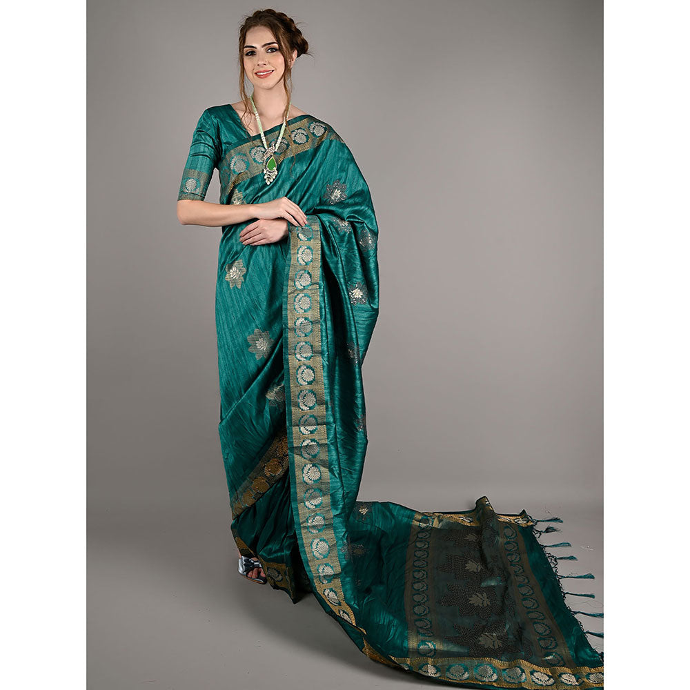 Odette Green Silk Blend Woven Saree with Unstitched Blouse