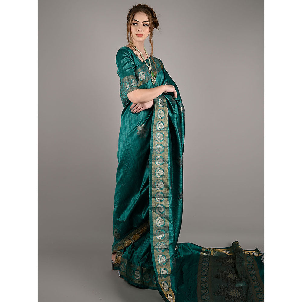 Odette Green Silk Blend Woven Saree with Unstitched Blouse